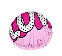 Love Shower Caps White Lettering Text With Bright Shadow Tiny Dots Hearts Design Romantique Femmes Réutilisable Double Couche Couverture De Cheveux Doux Chapeau De Douche Pour Toutes Les Longueurs D