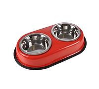Love Story, Bol Double INOX Support Métal Antidérapant 2 x 350Ml 2 x D13,5/9 cm Rouge Brillant