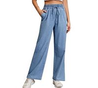 Love Welove Fashion Jean Large pour Femme, Taille Haute élastique à Enfiler avec Cordon de Serrage, Pantalon Baggy en Denim, Grande Taille 3XL, Taille L
