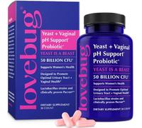 Lovebug Probiotics Santé complète des femmes, 50 milliards d'UFC de probiotiques pour les soins vaginaux et l'équilibre du pH, éprouvés avec Pacran, favorise la santé des voies urinaires, 30 capsules