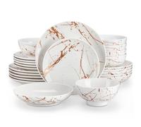 LOVECASA Daphne Ensemble d'assiettes et de Bols pour 6 Personnes, 24 pièces en céramique réactive, Assiettes et Bols Inclus, Passe au Lave-Vaisselle et au Micro-Ondes, Blanc et doré