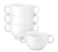 LOVECASA Lot de 4 Bols à Soupe en Grès avec Poignées | Tasse à Bouillon Empilable 590 ml | Ø12.2 x H8.1 cm| Lave-vaisselle Convient - Blanc