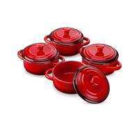 LOVECASA Mini Cocotte Individuelle en Grès pour four avec Couvercle - 4 X 380 ml Petite Cocottes Ronde Ramequin Crème Brûlée pour la Cuisson - Passe au Lave-vaisselle - Rouge Dégradé (Ø12.3 x H5.1 cm)