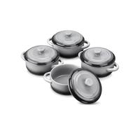 LOVECASA Mini Cocotte Individuelle en Grès pour four avec Couvercle - 4 X 380ml Petite Cocottes Ronde Ramequin Crème Brûlée pour la Cuisson - Passe au Lave-vaisselle - Gris Dégradé (Ø12.3 x H5.1 cm)