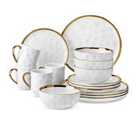 LOVECASA, Série Apollo, 16pcs Service de Table Complet en Grès pour 4 Personnes 4 Assiettes à Dessert, 4 Assiettes à Dîner, 4 Tasses, 4 Bols avec Garniture Dorée - Blanc