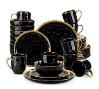 LOVECASA, Série Apollo, 32pcs Service de Table Complet en Grès pour 8 Personnes 8 Assiettes à Dessert, 8 Assiettes à Dîner, 8 Tasses, 8 Bols avec Garniture Dorée - Noir