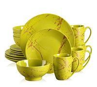 LOVECASA, Série Daphne, 16pcs Service de Table Complet Moderne en Porcelaine pour 4 Personnes 4 Assiette À Dessert,4 Assiette À Dîner,4 Tasse,4 Bol à Motif Plaqué Or