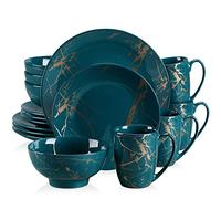 LOVECASA, Série Daphne, 16pcs Service de Table Complet Moderne en Porcelaine pour 4 Personnes 4 Assiette À Dessert,4 Assiette À Dîner,4 Tasse,4 Bol à Motif Plaqué Or