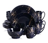 LOVECASA, Série Daphne, 16pcs Service de Table Complet Moderne en Porcelaine pour 4 Personnes 4 Assiette À Dessert,4 Assiette À Dîner,4 Tasse,4 Bol à Motif Plaqué Or