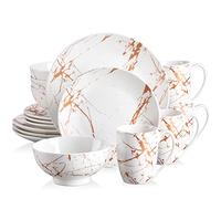 LOVECASA, Série Daphne, 16pcs Service de Table Complet Moderne en Porcelaine pour 4 Personnes 4 Assiette À Dessert,4 Assiette À Dîner,4 Tasse,4 Bol à Motif Plaqué Or