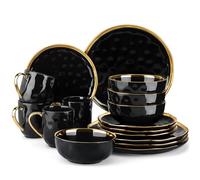 LOVECASA, Série Sweet. 16pcs Service de Table Complet en Grès pour 4 Personnes 4 Assiettes à Dessert, 4 Assiettes à Dîner, 4 Tasses, 4 Bols avec Garniture Dorée - Noir