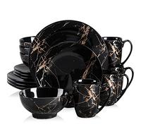 LOVECASA, Série Sweet. 16pcs Service de Table Complet Moderne en Porcelaine pour 4 Personnes 4 Assiette À Dessert,4 Assiette À Dîner,4 Tasse,4 Bol à Motif Plaqué Or