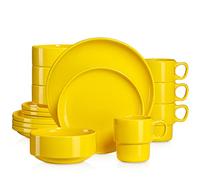 LOVECASA, Série SWEET, Service de Table Porcelaine pour 4 Personnes 16 Pièce, Service Complet Empilable en Forme de Bord Debout, Assiette Plate, Assiette à Dessert, Bol, Tasse Mug - Jaune