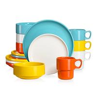 LOVECASA, Série SWEET, Service de Table Porcelaine pour 4 Personnes 16 Pièce, Service Complet Empilable en Forme de Bord Debout, Assiette Plate, Assiette à Dessert, Bol, Tasse Mug - Multicolore