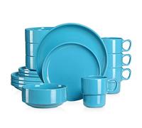 LOVECASA, Série SWEET, Service de Table Porcelaine pour 4 Personnes 16 Pièce, Service Complet Empilable en Forme de Bord Debout, Assiette Plate, Assiette à Dessert, Bol, Tasse Mug - Bleu Clair