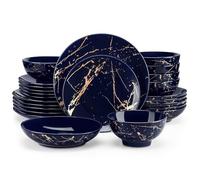 LOVECASA Service de Table en Porcelaine 6 Personnes - Collection Daphne - 24 pièces Design Éclaboussures Dorées (Assiettes, Bols, Tasses à café) Service Complet pour Repas & Brunch