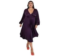 Lovedrobe Pleated Midaxi Dress Ladies Evening Gown V Neckline Back Keyhole Long Sleeve Bishop Satin A Line Robe, Purple, 20 Femme