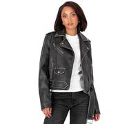 Lovedrobe Women's Biker Jacket Ladies Faux Leather Motorcycle Long Sleeve Distressed Asymmetric Zip Stud Belt Pocket Casual Coat, Noir 52