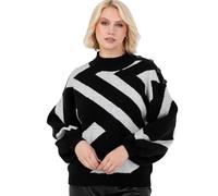 Lovedrobe Women's Jumper Ladies High Neck Long Balloon Sleeve Sweater Geometric Jacquard Button Detail Casual Knitwear Pullover, Noir 52-54
