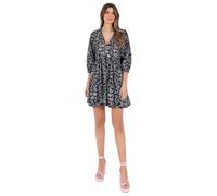 Lovedrobe Women's Ladies Knee-Length Dress Long Puff Sleeve V-Neck Wrap Front Smock Shift Abstract Leaf Print Cotton Casual Noir 42