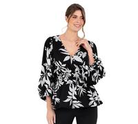 Lovedrobe Women's Ladies Wrap Top Peplum Blouse V-Neck Long Balloon Sleeve Leaf Print Fit and Flare A-Line Smart Casual Monochrome 44