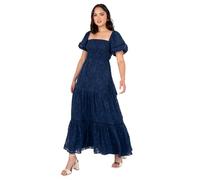 Lovedrobe Women's Maxi Dress Ladies Square Neckline Puff Sleeve Tiered Hem Floral Chiffon Shirred A-Line Tie Back Milkmaid, Bleu Marine 38