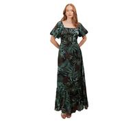 Lovedrobe Women's Maxi Dress Ladies Square Neckline Short Puffed Sleeves Tropical Print Tiered Hem A-Line Shirred Chiffon Party, Bleu Marine 38