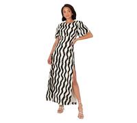 Lovedrobe Women's Midaxi Dress Ladies Round Neck Short Angel Sleeves Monochrome Wave Print Keyhole Back Elasticated Waist A-Line, Noir et crème 44