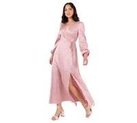 Lovedrobe Women's Midaxi Dress Ladies Wrap V-Neck Long Bishop Sleeve Satin Gold Fleck Side Tie Belt Split A-Line Wedding Guest, Rose Poudre 44