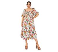 Lovedrobe Women's Midi Dress Ladies Short Puff Sleeves Square Neckline Floral Ruffle Frill Shirred A-Line Milkmaid Summer Smock Ivoire Floral 44