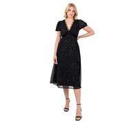 Lovedrobe Women's Midi Dress Ladies V-Neck Short Puff Sleeve Glitter Chiffon Lace Trim Side Split Shirred Back Party Evening, Noir 54