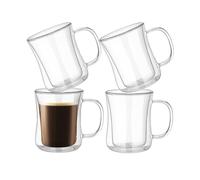 LoveFirst 350ml*4 Tasse Verre Double Paroi Ensemble avec Poignée Tasses à café en Verre Borosilicate Transparent Faite à La Main pour Latte Macchiato, Thé, Lait, Bière, Effet de Flottement
