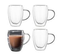 LoveFirst 4x350ml Tasses à Café Transparentes Tasse Cappuccino Verre Double Paroi Avec Manches Tasses en Verre Borosilicate pour Thé,Boissons Chaudes ou Froides,Lattes,Jus Lait,Espresso,Bière