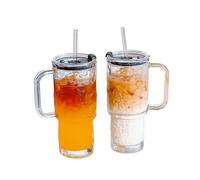 LoveFirst Lot De 2 Gobelets en Verre Nervuré de 500ml avec Couvercle et Paille, Gobelets en Verre Épais avec Poignée, Idéal pour Le Café Glacé, Le Matcha, Le Latte, Les Jus et Autres Boissons