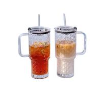 LoveFirst Lot De 2 Gobelets en Verre Nervuré de 500ml avec Couvercle et Paille, Gobelets en Verre Épais avec Poignée, Idéal pour Le Café Glacé, Le Matcha, Le Latte, Les Jus et Autres Boissons