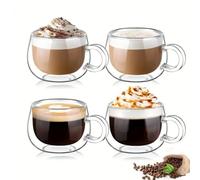 LoveFirst Lot de 4 Tasses à Café en Verre Isotherme à Double Paroi de 150 Ml avec Poignée, Tasses en Borosilicate Transparent, Soufflé à la Main, Parfaites pour le Cappuccino,le thé,le Latte,Jus