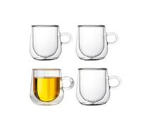 LoveFirst Lot de 4 Tasses à Café en Verre Isotherme à Double Paroi de 250 Ml avec Poignée, Tasses en Borosilicate Transparent, Soufflé à la Main, Parfaites pour le Cappuccino,le thé,le Latte,Jus