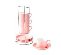 LoveFirst Lot De 4 Tasses à Expresso de 100 ml avec Soucoupes et Support, Tasses à Café Empilable en Porcelaine, Lavable au lave-vaisselle, Idéal pour Boissons à Café, Latte Americano, Thé, Rose