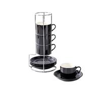 LoveFirst Lot De 4 Tasses à Expresso de 100 ml avec Soucoupes et Support, Tasses à Café Empilable en Porcelaine, Lavable au lave-vaisselle, Idéal pour Boissons à Café, Latte Americano, Thé, Noir