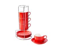 LoveFirst Lot De 4 Tasses à Expresso de 100 ml avec Soucoupes et Support, Tasses à Café Empilable en Porcelaine, Lavable au lave-vaisselle, Idéal pour Boissons à Café, Latte Americano, Thé, Rouge