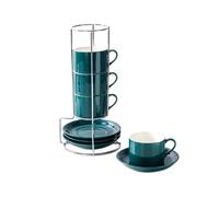 LoveFirst Lot De 4 Tasses à Expresso de 100 ml avec Soucoupes et Support, Tasses à Café Empilable en Porcelaine, Lavable au lave-vaisselle, Idéal pour Boissons à Café, Latte Americano, Thé, Vert