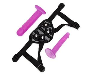 Lovehoney Coffret Gode Ceinture - 2 Godes Ceinture Réalistes Pour Pegging - Godemichets Base Évasée 15 cm et 20 cm - 3 Anneaux en O et Harnais Réglable - Étanche - Violet
