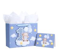 Loveinside Sac cadeau bleu pour bébé garçon, ours en ballon et chiffre 1, adorable sac cadeau avec papier de soie, étiquette, carte de vœux, idéal pour la fête d'anniversaire de bébé, 33 x 12,7 x 25,4
