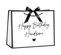 Loveinside Sac cadeau d'anniversaire pour homme de 13 pouces noir blanc élégant imprimé cursif "Joyeux anniversaire beau" livré avec un ruban décoratif pour cadeau d'anniversaire pour mari petit ami