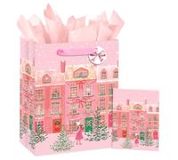 Loveinside Sac Cadeau De Noël Pour Filles Et Femmes, Motif Boutique Rose Hiver Avec Neige, Sapins Et Décorations De Noël, Format Moyen Avec Papier De Soie, 25,4 X 12,7 X 33 Cm, 1 Pièce