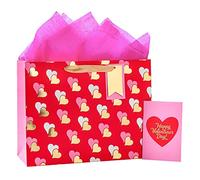 Loveinside Sac cadeau en forme de cœur rouge et doré avec carte de vœux et papier de soie pour anniversaire, Saint-Valentin, mariage, vacances et plus encore - 33 x 25,4 x 12,7 cm - 1 pièce