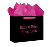 Loveinside Sac cadeau léger pour 40e anniversaire, 33 cm, noir, rose, style slogan drôle d'âge, emballé avec du papier de soie, convient pour les amies adultes, événements d'anniversaire humoristiques