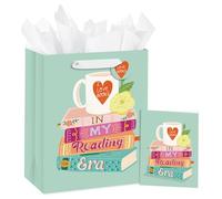 Loveinside Sac Cadeau Pour Les Amoureux Des Livres, Motif « À L'Ère De La Lecture », Avec Pile De Livres Et Mug, Format Moyen Menthe Avec Papier De Soie, 25,4 X 12,7 X 33 Cm, 1 Pièce