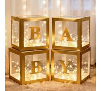 Lovelite Boîtes pour bébé avec lettres pour fête prénatale, 4 boîtes à ballons transparentes avec guirlande lumineuse LED pour décoration de révélation du sexe, garçons et filles, anniversaire, fête