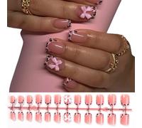 Lovely Bows Artificial False Nails Full Covers Stick on Press on Leopards French Tip for Party Leopard French Tip Nail Lovely Bows Press on Short